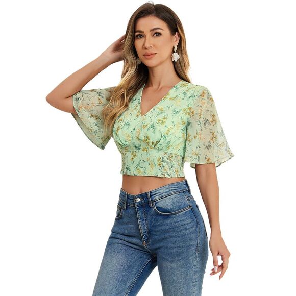 Allegra K Tops - Floral Flare Short Sleeve V Neck Summer Smocked Crop Tops Green